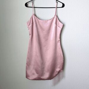 Women's City Studio Fringe-Hem Bodycon Mini 7/8 Pale Rose Pink Zip Barbie Party